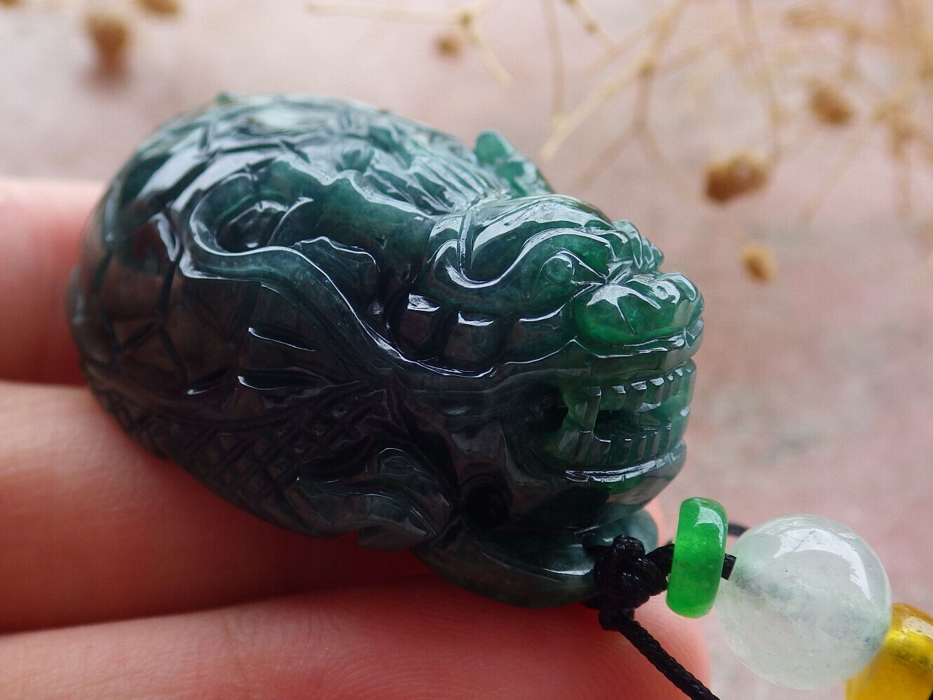 Certified Icy Green Burma 100% Natural A Jade jadeite Pendant Dragon Turtle Money Coin Necklace 龙龟 636081  TN
