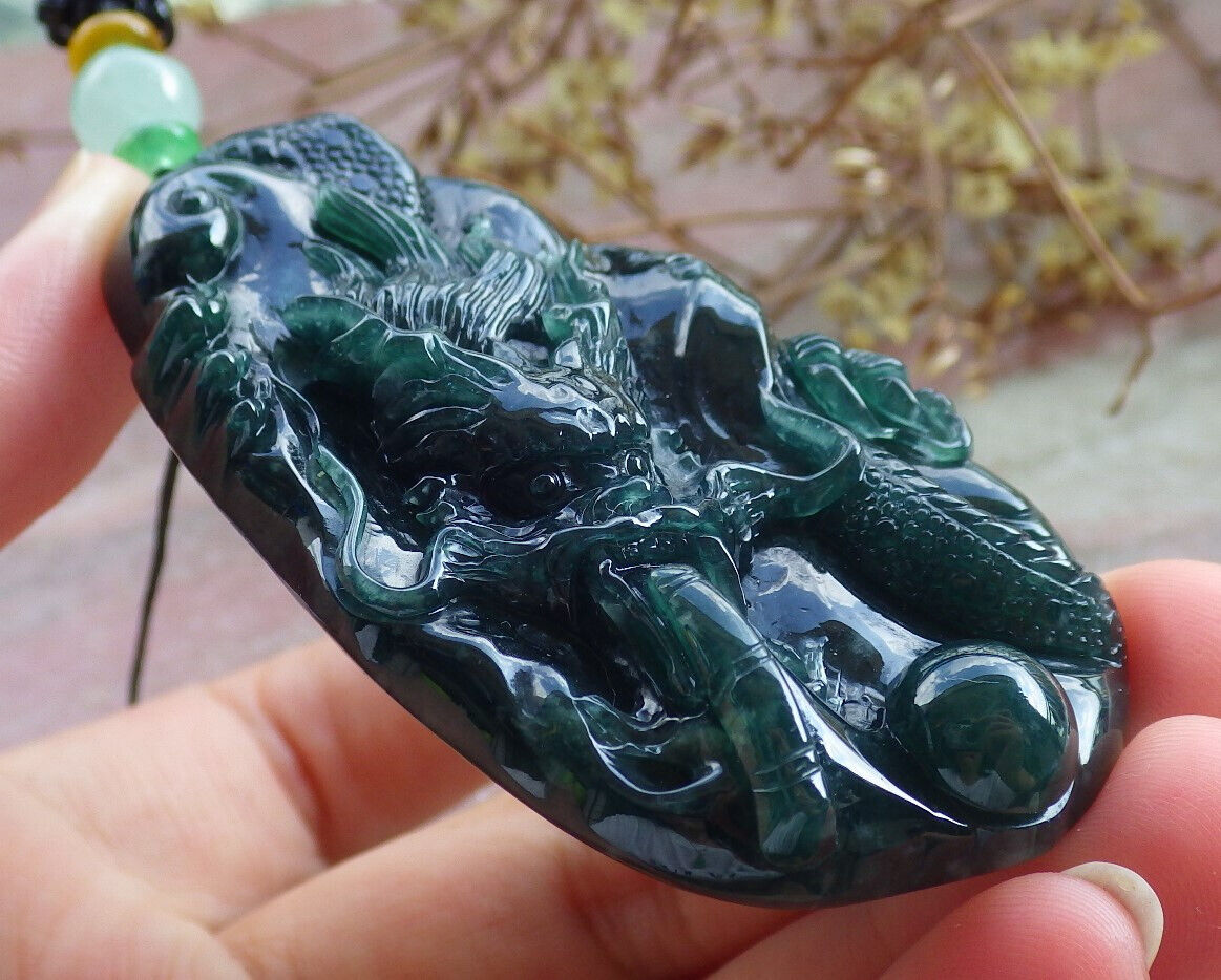 Atestita Glacia Blua Akvo Verda Birmo 100% Natura A Jadejadeita Pendanta Drako-Perlo-Koliero 生意兴隆 632763 TN