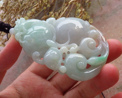 Certified Red Green Burma 100% Natural A Jade jadeite Pendant Dragon Turtle Coin Lotus Flower Ruyi Necklace 龙龟 575114 TN