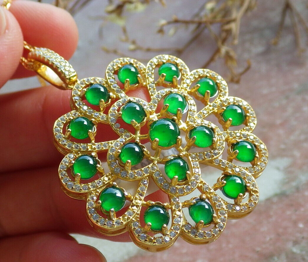 Icy Green Silver 925 Certified Burma 100% Natural A JADE Jadeite pendant Cabochon Flower Necklace 花开富贵 635118  TN