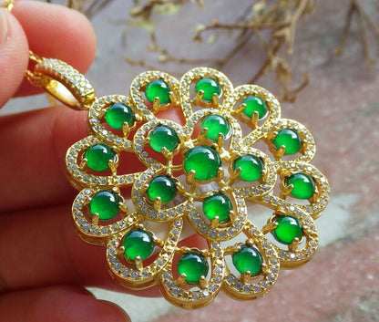 Icy Green Silver 925 Certified Burma 100% Natural A JADE Jadeite pendant Cabochon Flower Necklace 花开富贵 635118  TN