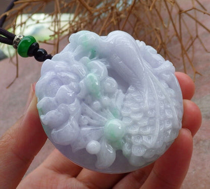 Certified Green Pale Lavender 100% Natural A Jade jadeite Pendant Phoenix Peacock Flower Circle Necklace 孔雀 520800 **TN