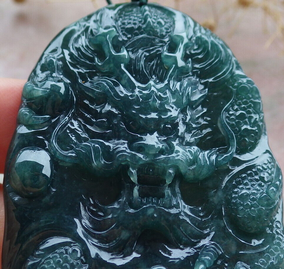 Certified Icy Green Burma 100% Natural A Jade jadeite Pendant Dragon Bead Necklace 生意兴隆 636299  TN