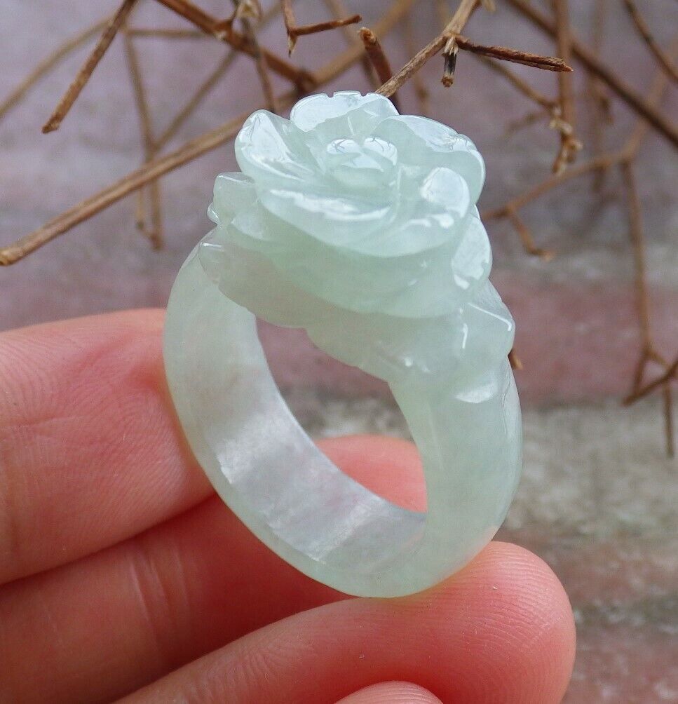 Certified Green 100% Natural A JADE Jadeite Rose Flower RING USA. 9 花戒指 528471  TN