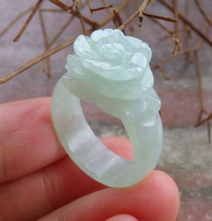 Certified Green 100% Natural A JADE Jadeite Rose Flower RING USA. 9 花戒指 528471  TN
