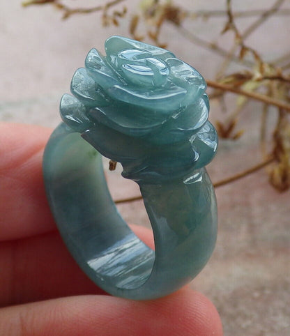 Certified Icy Green Burma 100% Natural A JADE Jadeite Rose Flower RING USA. 8.5 花戒指 634025  TN