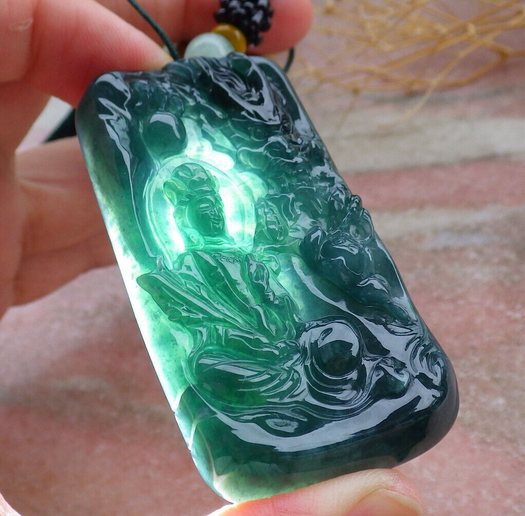 Certified Icy Green Burma 100% Natural A Jade jadeite Pendant Guanyin Kwan Yin Dragon Bead Necklace 观音 636916  TN