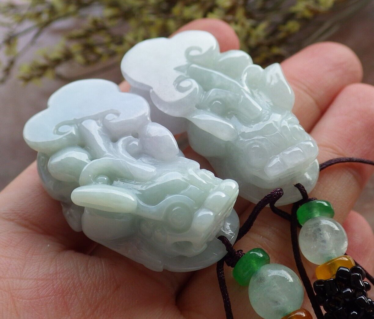 Pair Certified Green Pale Lavender Burma 100% Natural A Jade jadeite Pendant Dragon Pi Xiu Money Coin Ruyi Necklace 风水貔貅 573992 TN