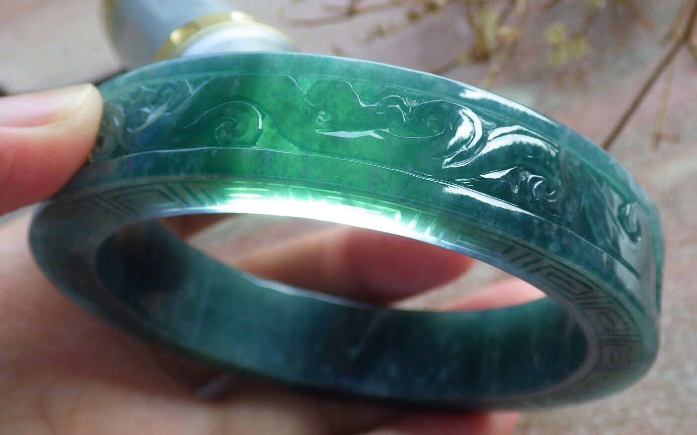 Certified Icy Green Burma 100% Natural A JADE Jadeite Dragon Phoenix Bangle Bracelet 64 mm 手镯 633660  TN
