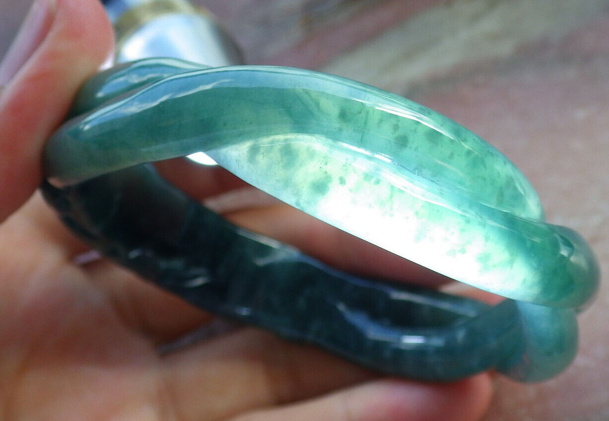 Certified Icy Blue Water Green Burma 100% Natural A JADE Jadeite Flower Knotted Bangle Bracelet 56.5 mm 手镯 632789  TN