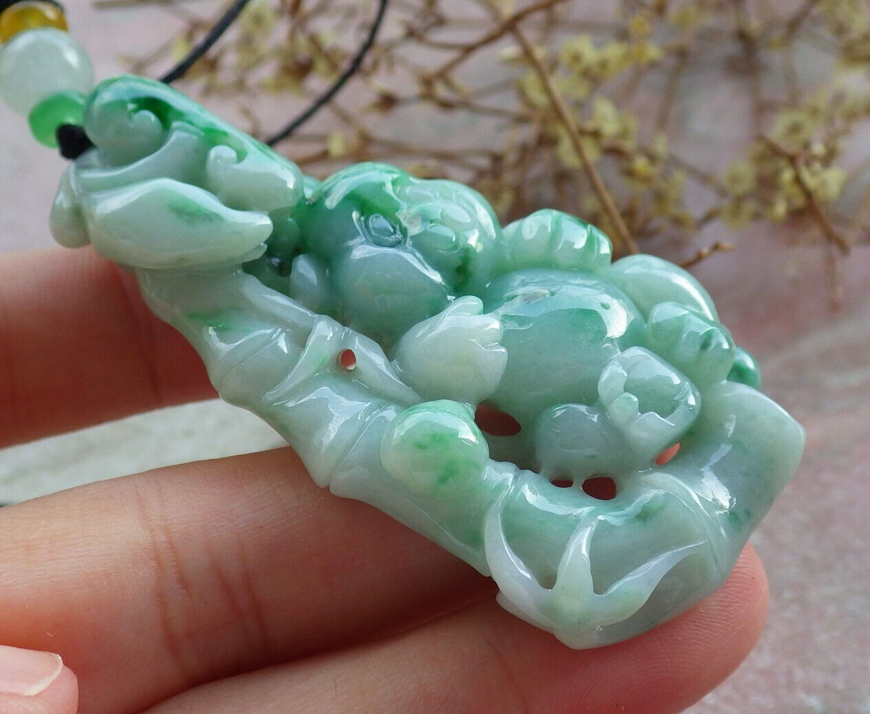 Certified Green Burma 100% Natural A Jade jadeite Pendant Panda Bamboo Ruyi Necklace 熊猫 633295  TN