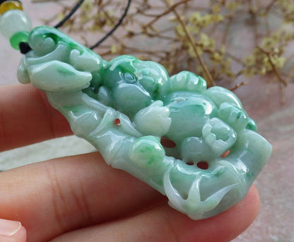 Certified Green Burma 100% Natural A Jade jadeite Pendant Panda Bamboo Ruyi Necklace 熊猫 633295  TN