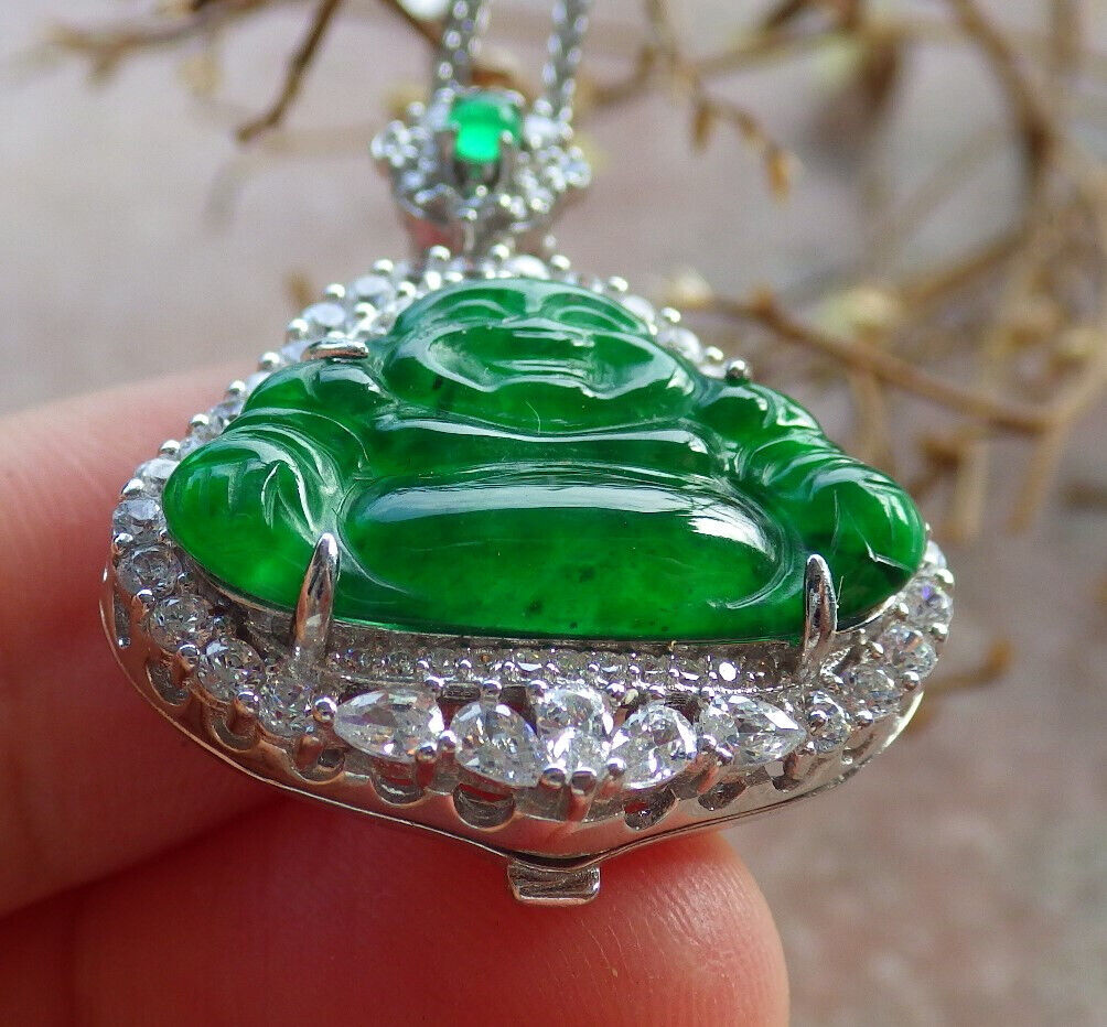 Icy Green Silver 925 Certified Burma 100% Natural A JADE Jadeite pendant Happy Buddha God Necklace 佛公 635173  TN