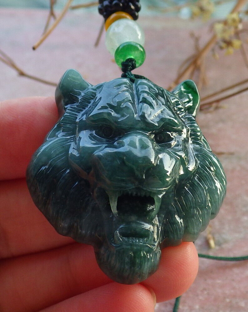 Certified Icy Green Burma 100% Natural A Jade jadeite Pendant Tiger Head Necklace 虎虎生威 634320  TN