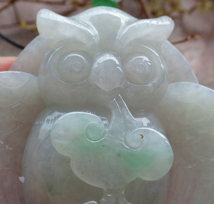 Certified Green Burma 100% Natural A Jade jadeite Pendant Owl Ruyi Necklace 猫头鹰 633380  TN