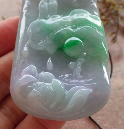 Certified Green Pale Lavender Burma 100% Natural A Jade jadeite pendant Sakyamuni Buddha God Lotus Flower Leaf Necklace 释迦牟尼 633589  TN