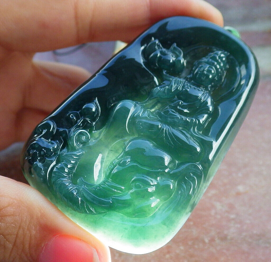 Certified Icy Blue Water Green Burma 100% Natural A Jade jadeite Pendant Guanyin Kwan Yin Elephant Lotus Flower Necklace 观音 632811  TN