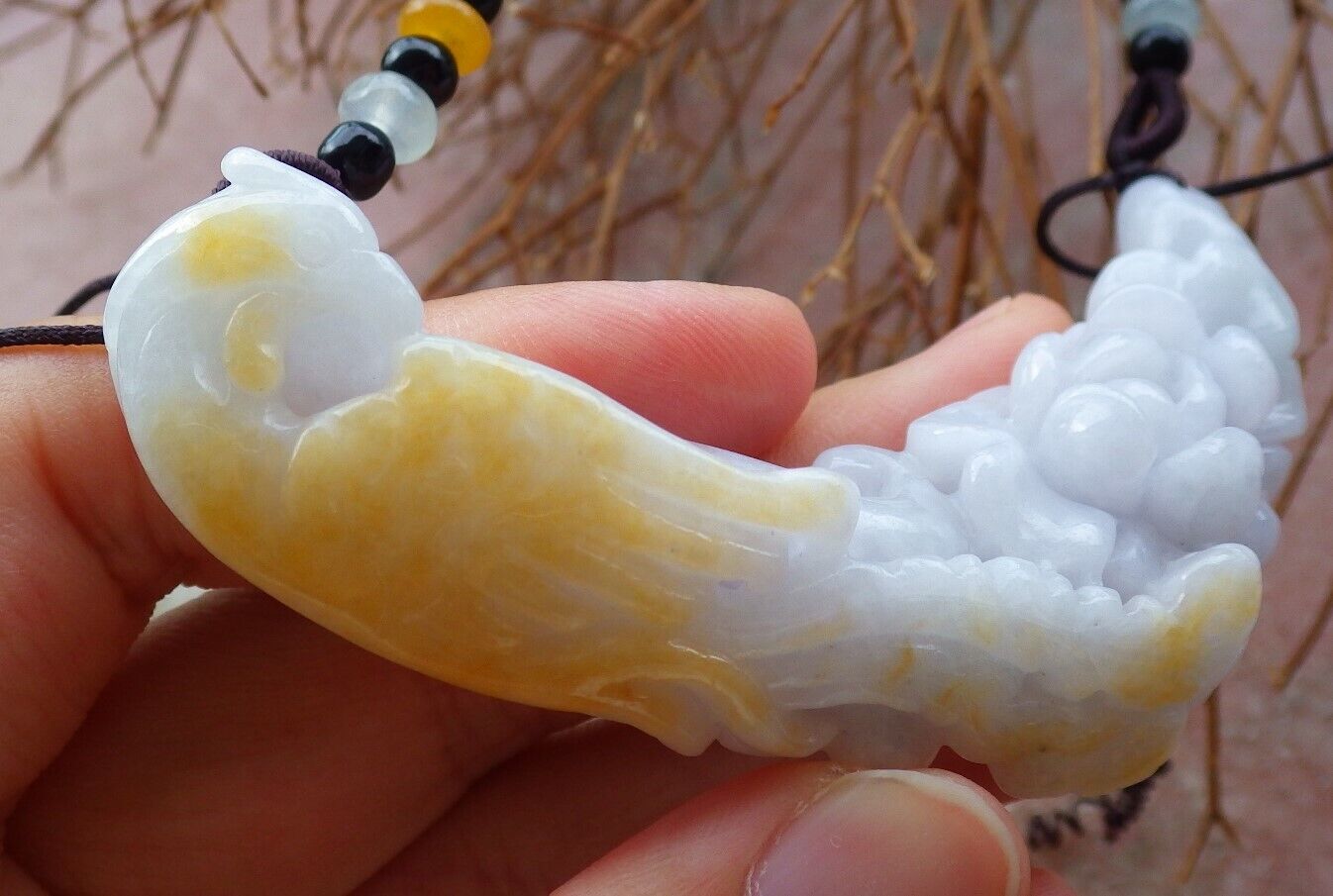 Certified Yellow Pale Lavender 100% Natural A Jade jadeite Pendant Phoenix Ruyi Coin Flower Necklace 凤凰 525985  TN