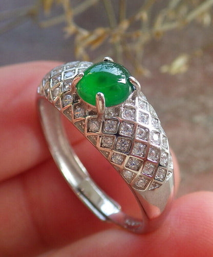 Certified Icy Green silver 0.925 Burma 100% Natural A JADE Jadeite Cabochon RING USA 10.75 戒指 645789 TN