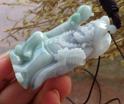 Certified Green Pale Lavender Burma 100% Natural A Jade jadeite pendant Happy Ji Kung Buddha God Fan Gourd Necklace 济公 575331 TN