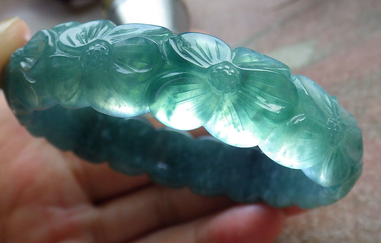 Certified Icy Green Burma 100% Natural A JADE Jadeite Flower Bangle Bracelet 55 mm 635451  AS