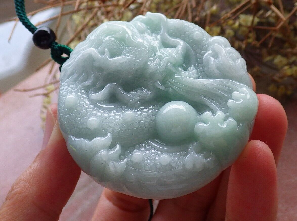 Certified Green 100% Natural A Jade jadeite pendant Dragon Lotus Flower Ruyi Bead Necklace 生意兴隆 523934  TN