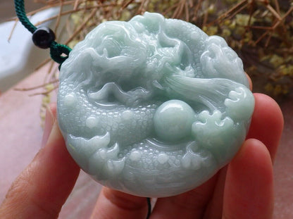 Certified Green 100% Natural A Jade jadeite pendant Dragon Lotus Flower Ruyi Bead Necklace 生意兴隆 523934  TN