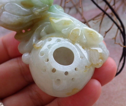 Certified Green Yellow 100% Natural A Jade jadeite Pendant Frog Toad Lotus Flower Coin Necklace 金蟾 528651  TN
