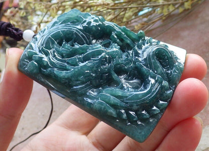 Certified Icy Green Burma 100% Natural A Jade jadeite Pendant Dragon Ruyi Necklace 生意兴隆 574732 TN