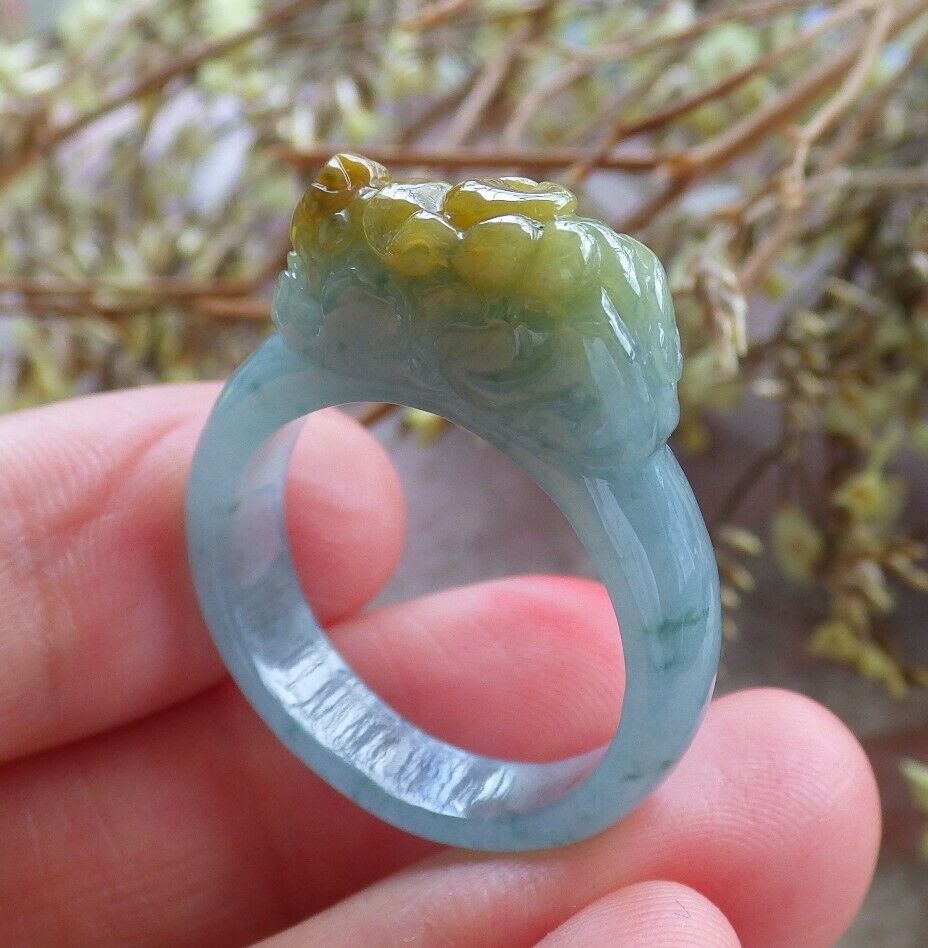 Certified Icy Yellow Green 100% Natural A JADE Jadeite Dragon Pi Xiu RING USA. 9.25 戒指 523838  TN