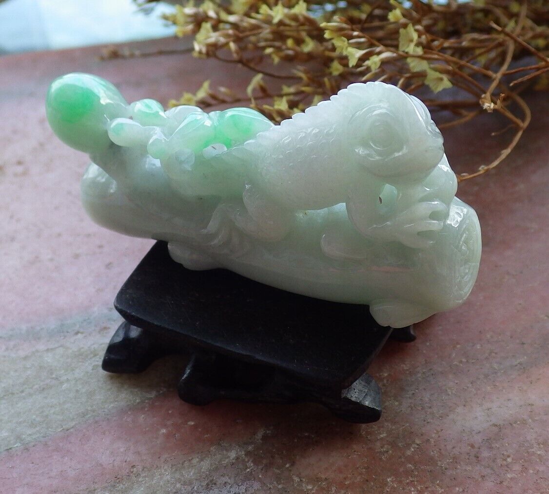 Certified Green 100% Natural A Jade jadeite Display Dragon Lizard Tree Leaf Peach 龙蜥蜴 525198  TN
