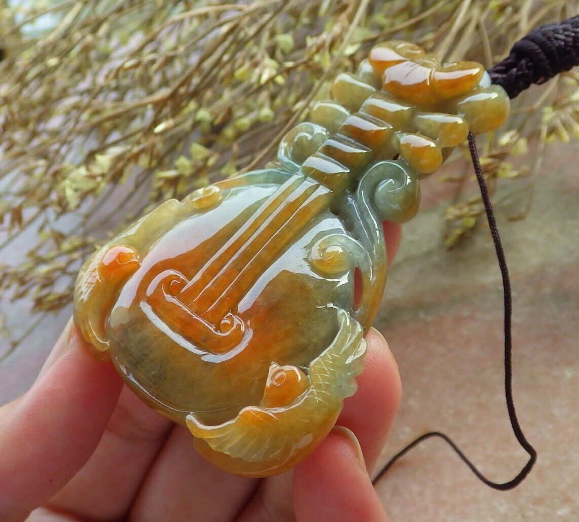 Certified Red Green Burma 100% Natural A Jade jadeite Pendant Bird Ruyi Coin Guitar Necklace 575279 TN