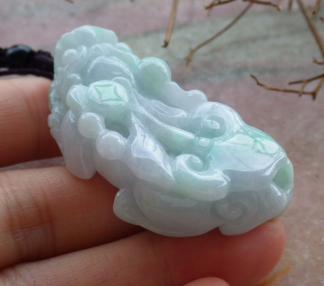 Certified Green Pale Lavender 100% Natural A Jade jadeite Pendant Dragon Pi Xiu Money Coin Ruyi Necklace 风水貔貅 529417 TN
