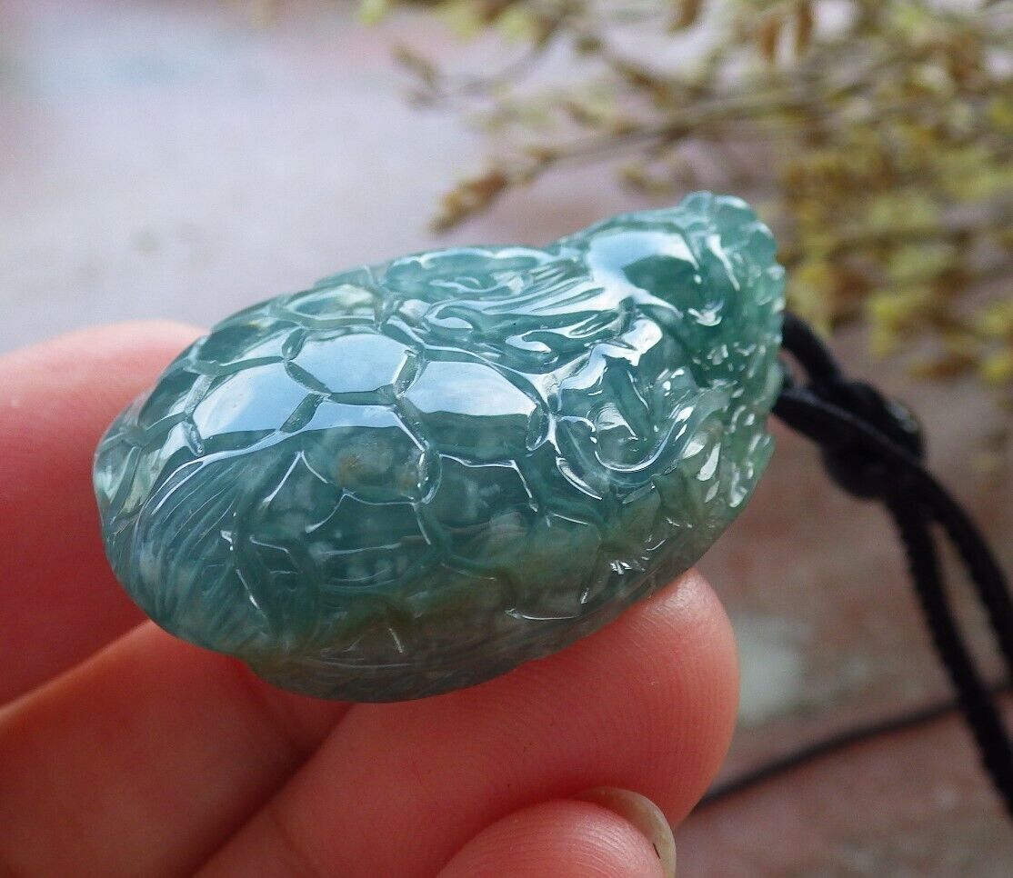 Certified Icy Green Burma 100% Natural A Jade jadeite Pendant Dragon Turtle Money Coin Necklace 龙龟 574784 TN