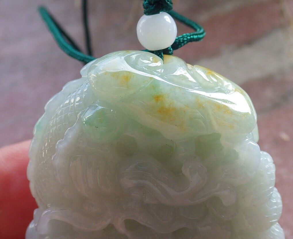 Certified Yellow Green Burma 100% Natural A Jade jadeite Pendant Dragon Ruyi Bead Necklace 生意兴隆 646776 TN