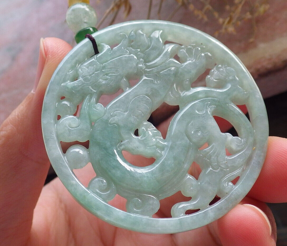 Certified Green Burma 100% Natural A Jade jadeite Pendant Dragon Ruyi Circle Necklace 生意兴隆 646479 TN