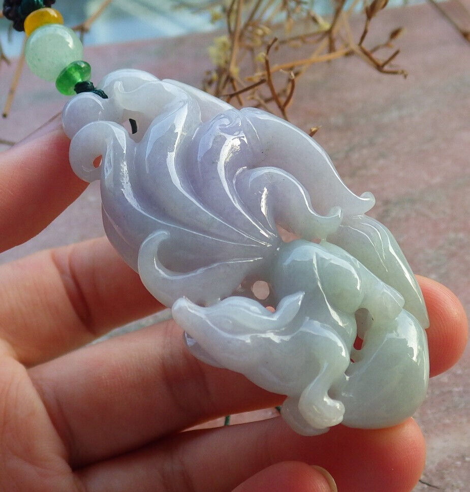 Certified Lavender Green Burma 100% Natural A Jade jadeite Pendant Fox Lotus Necklace 狐狸 634293  TN
