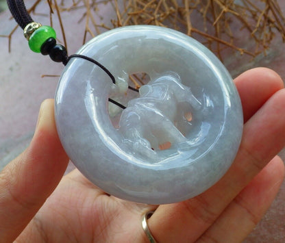 Certified Green Pale Lavender 100% Natural A Jade jadeite pendant Cow Ox Circle Necklace 风水牛 523719  TN