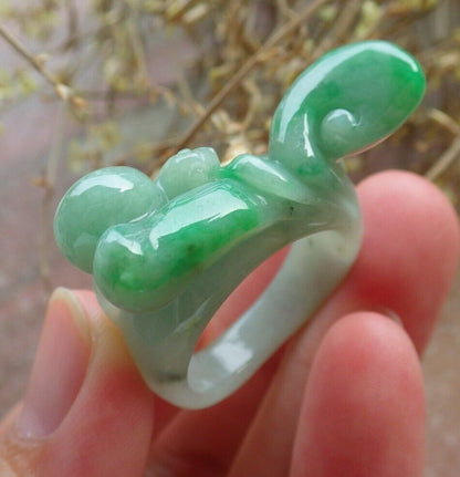 Certified Green Burma 100% Natural A JADE Jadeite Snails Ruyi RING USA. 10.25 花戒指 575124 TN