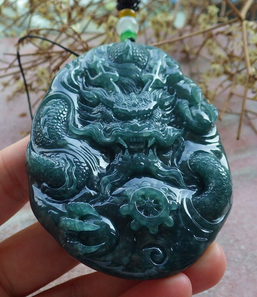 Certified Icy Green Burma 100% Natural A Jade jadeite Pendant Dragon Bead Necklace 生意兴隆 633320  TN