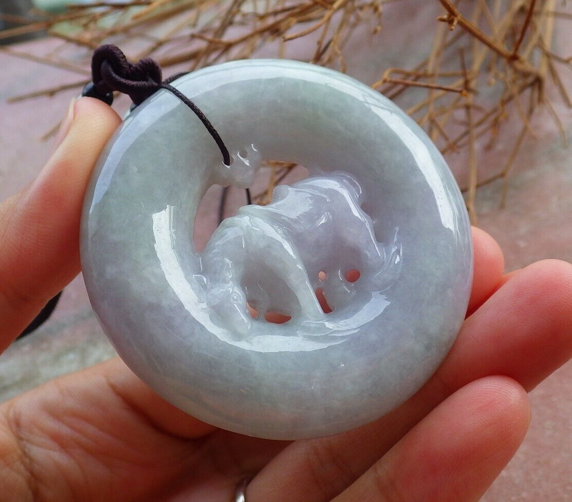 Certified Lavender Green 100% Natural A Jade jadeite pendant Cow Ox Circle Necklace 风水牛 526223  TN