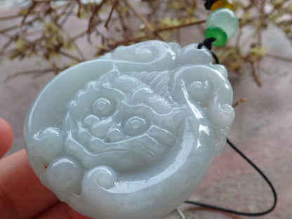 Certified Green Burma 100% Natural A Jade jadeite Pendant Dragon Ruyi Necklace 生意兴隆 633508  TN