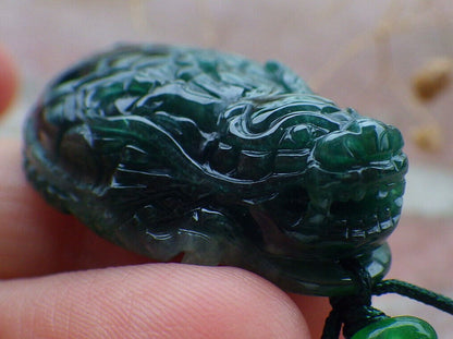 Certified Icy Green Burma 100% Natural A Jade jadeite Pendant Dragon Turtle Money Coin Necklace 龙龟 636567  TN