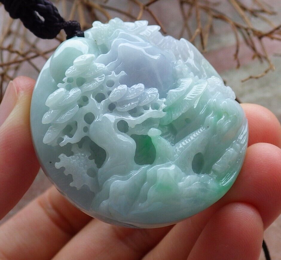 Certified Green Pale Lavender Burma 100% Natural A Jade jadeite Landscape painting Tree Necklace 山水画 528872  TN