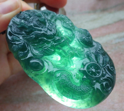 Certified Icy Green Burma 100% Natural A Jade jadeite Pendant Dragon Bead Necklace 生意兴隆 636328  TN