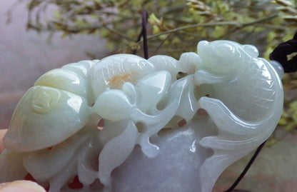 Certified Green Burma 100% Natural A Jade jadeite Pendant Fish Sea Shell Lotus Flower Necklace 574225 TN