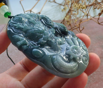 Certified Icy Green Pale Lavender Burma 100% Natural A Jade jadeite Pendant Dragon Bead Necklace 生意兴隆 634245  TN