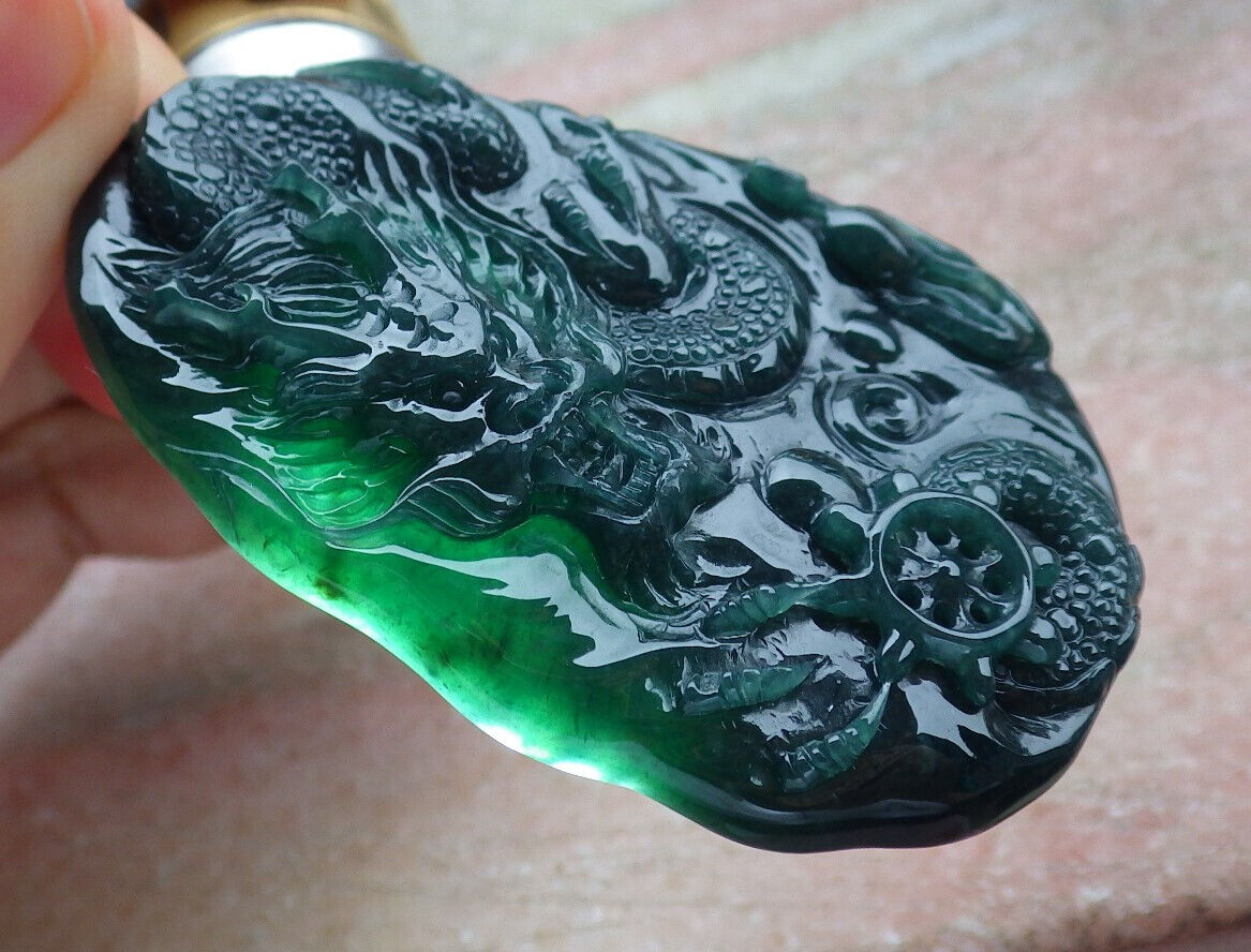 Certified Icy Blue Water Green Burma 100% Natural A Jade jadeite Pendant Dragon Bead Necklace 生意兴隆 636290  TN