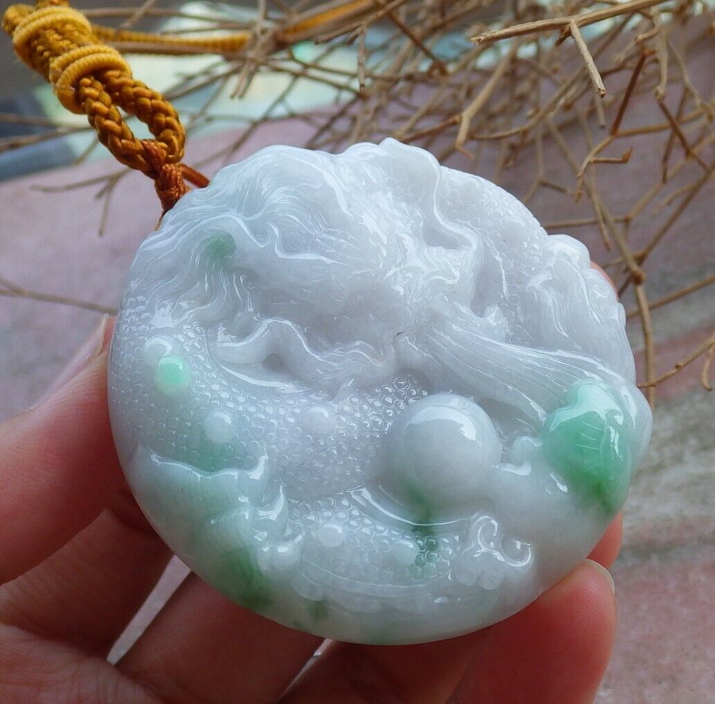 Certified Green 100% Natural A Jade jadeite Pendant Dragon Bead Lotus Flower Ruyi Necklace 生意兴隆 521035  TN