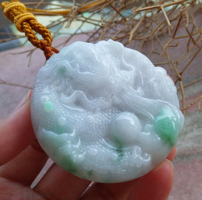 Certified Green 100% Natural A Jade jadeite Pendant Dragon Bead Lotus Flower Ruyi Necklace 生意兴隆 521035  TN